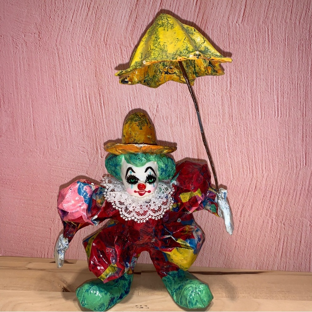 Vintage Paper Mache Clown With Umbrella